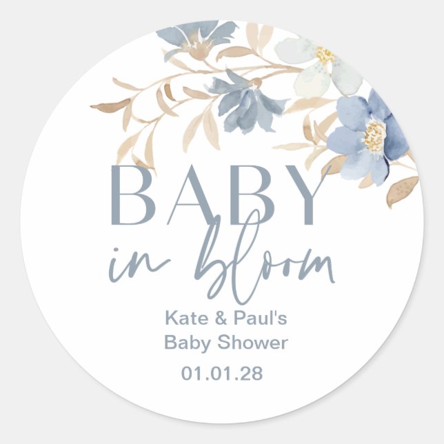 Sticker Rond Baby in Bloom garçon baby shower de faveur autocol (Devant)