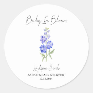Sticker Rond Baby In Bloom l Larkspur Baby shower de graines