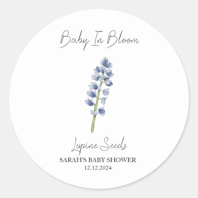 Sticker Rond Baby In Bloom l Lupine Seeds Baby shower (Devant)