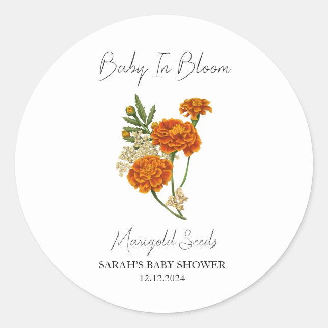 Sticker Rond Baby In Bloom l Marigold Baby shower de semences (Devant)