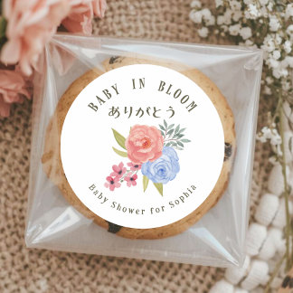 Sticker Rond Baby in Bloom Pink and Blue Floral Watercolor