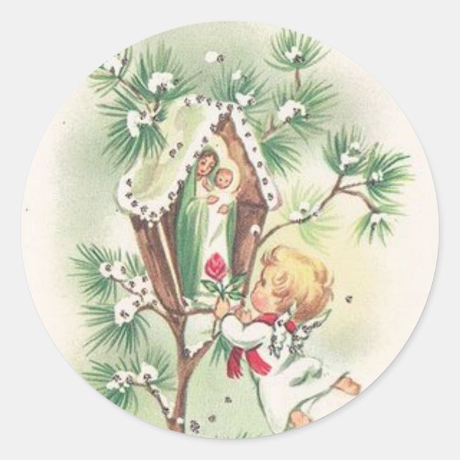 Sticker Rond Baby Jesus Manger Christmas Bells Ribbon (Devant)