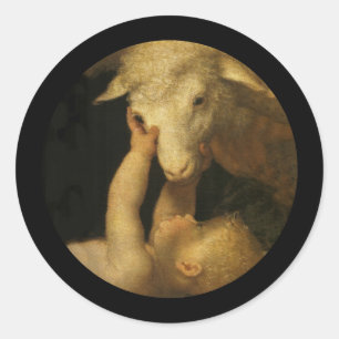 Sticker Rond Baby Jesus Touches Lamb