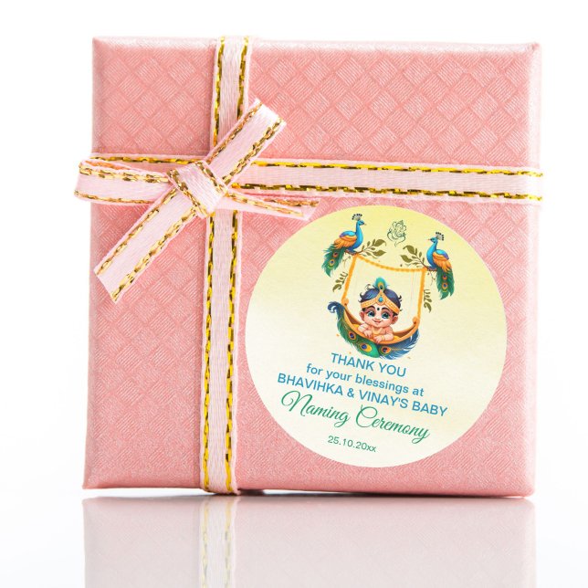 Sticker Rond Baby Krishna Naming Namkaran Berceau de faveur cad (Baby Krishna baby naming cradle namkarana ceremony favor gift thank you stickers naming favors)