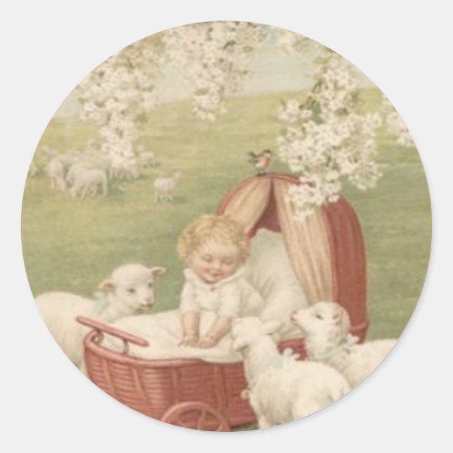 Sticker Rond Baby Lamb Dogwood Tree Field (Devant)