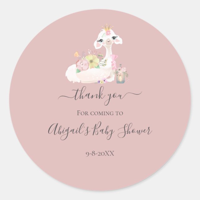 Sticker Rond Baby Llama Fleurs Baby shower fille rose blanche (Devant)