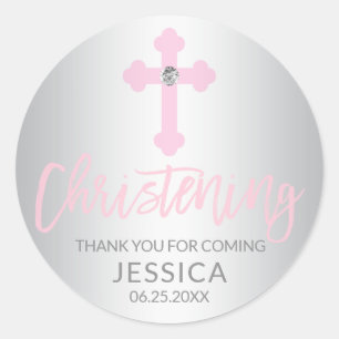 Sticker Rond Baby moderne Croix rose Christening fille Merci