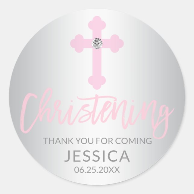 Sticker Rond Baby moderne Croix rose Christening fille Merci (Devant)