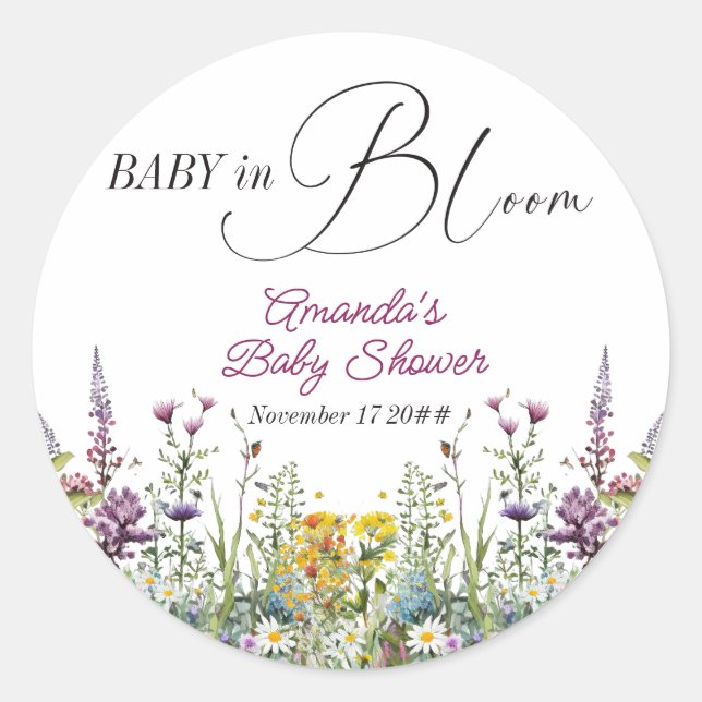 Sticker Rond Baby moderne en Fleur Fleur sauvage Baby shower fl (Devant)