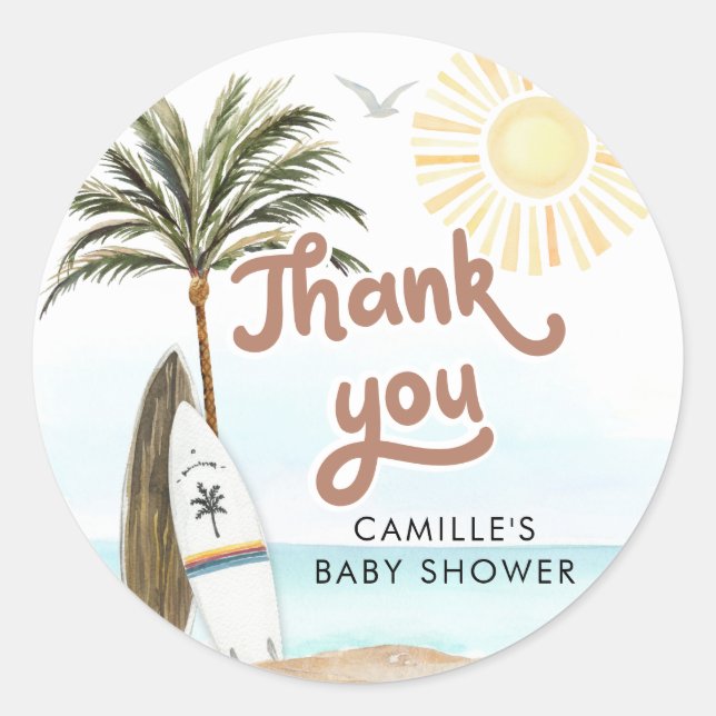 Sticker Rond Baby on Board Baby shower de plage Merci (Devant)
