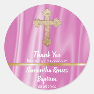 Sticker Rond Baby Pink Cross Baptism Favoriser   Merci fille