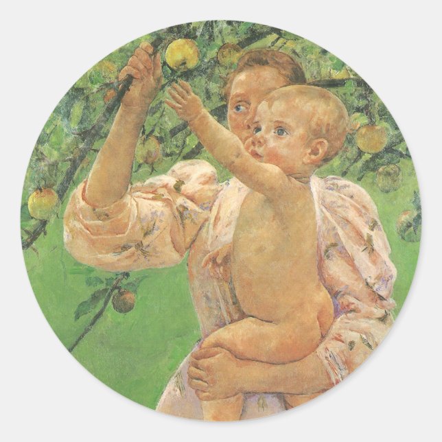 Sticker Rond Baby Reaching for an Apple par Mary Cassatt (Devant)