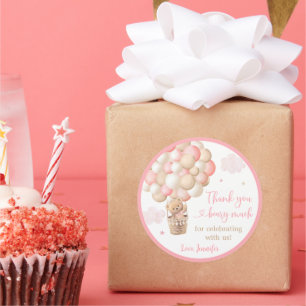 Sticker Rond Baby shower à ballon à air chaud pour fille rose T