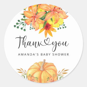 Sticker Rond Baby shower à fleurs d'automne citrouille merci