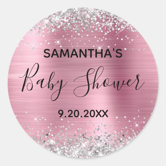 Sticker Rond Baby shower à huile rose Parties scintillant argen (Devant)