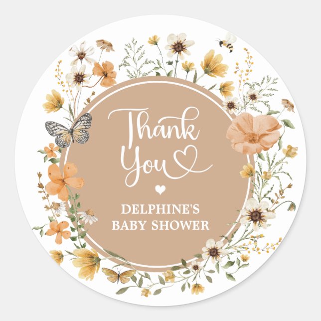 Sticker Rond Baby shower à papillon Fleur sauvage de Earthy Fal (Devant)