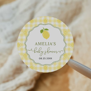Sticker Rond Baby-Shower à thème gingham citron agrumes