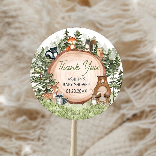 Sticker Rond Baby shower à tranches de bois (Woodland Animals Wood Slice Baby Shower Sticker)