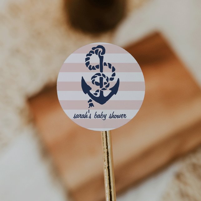 Sticker Rond Baby shower Ancre rose nautique Favoriser les auto (Créateur téléchargé)