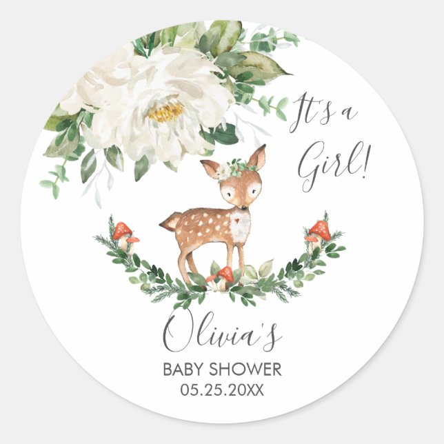 Sticker Rond Baby shower animal cerf bois Merci Favoriser (Devant)
