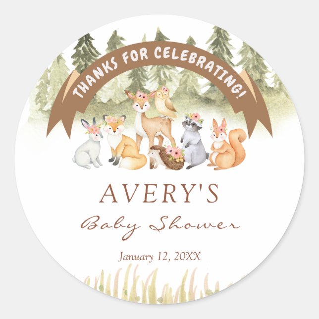 Sticker Rond Baby shower animalier de Woodland Safari (Devant)