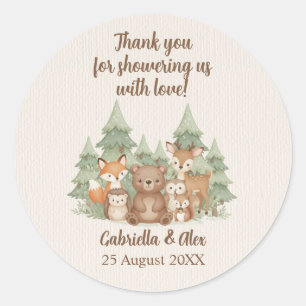 Sticker Rond Baby Shower Animaux de la Forêt à l'Aquarelle