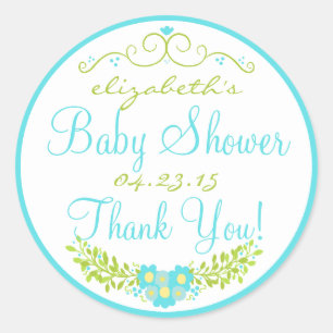 Sticker Rond Baby shower Aqua Bleu et Vert Floral