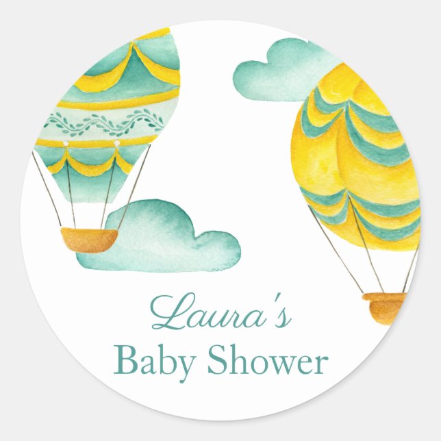 Sticker Rond Baby shower Aqua et Yellow Hot Air (Devant)