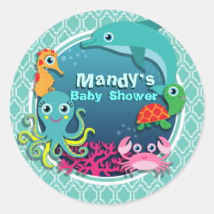Sticker Rond Baby shower Aqua Turquoise Ocean Life