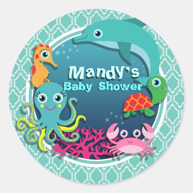 Sticker Rond Baby shower Aqua Turquoise Ocean Life (Devant)