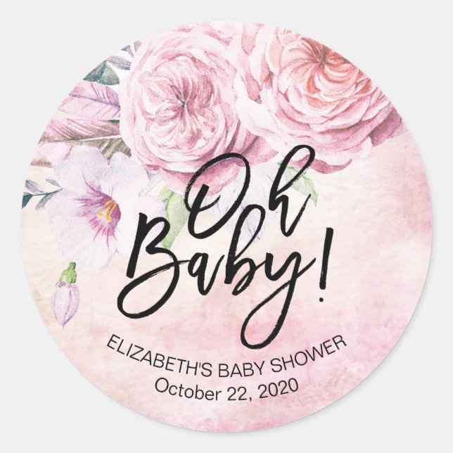 Sticker Rond Baby shower Aquarelle Bohème Fleurs & Plumes (Devant)