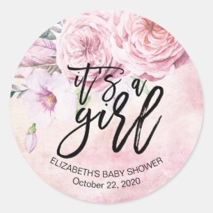 Sticker Rond Baby shower Aquarelle Bohème Fleurs & Plumes