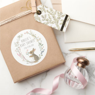 Sticker Rond Baby Shower Aquarelle Lapin Bois Rustique