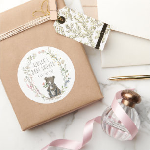 Sticker Rond Baby Shower aquarelle ours forêt rustique
