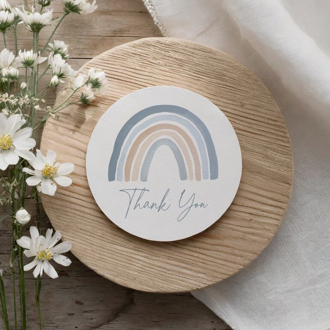 Sticker Rond Baby shower arc-en-ciel bleu neutre Boho (Créateur téléchargé)