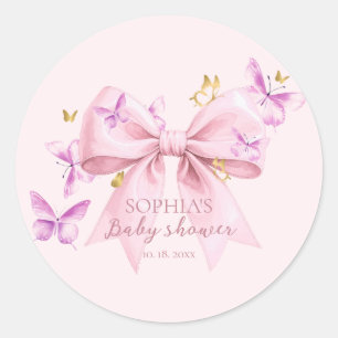Sticker Rond Baby Shower Arc-en-ciel Papillon Rose 