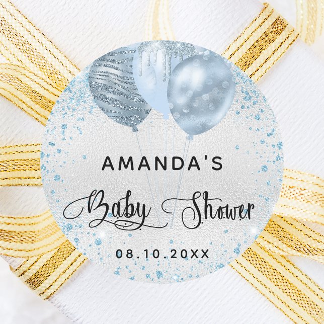 Sticker Rond Baby shower argent bleu garçon ballons (Créateur téléchargé)