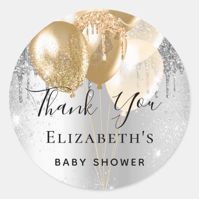 Sticker Rond Baby shower argent or parties scintillant ballons  (Devant)
