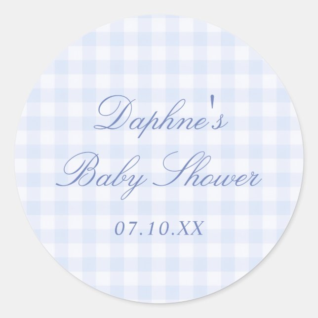 Sticker Rond Baby Shower au Gingham Bleu (Devant)
