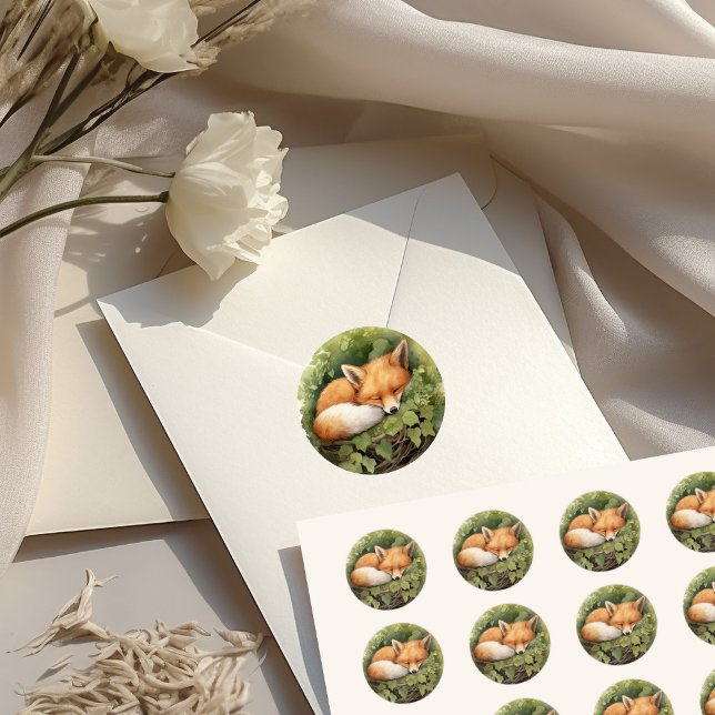 Sticker Rond Baby Shower au Renard Endormi Aquarelle et Feuilla (Créateur téléchargé)