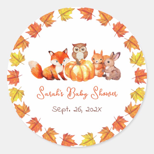 Sticker Rond Baby shower Automne citrouille Feuilles et animaux (Devant)