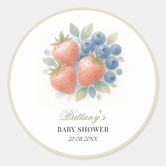 Sticker Rond Baby shower aux fraises et aux bleuets (Devant)