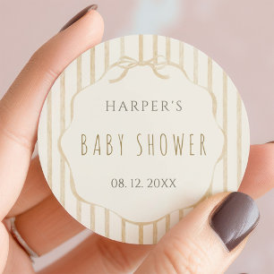 Sticker Rond Baby Shower avec rayures beige et cadre festonné 