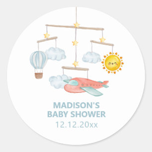 Sticker Rond Baby Shower Avion en Montgolfière Aventure