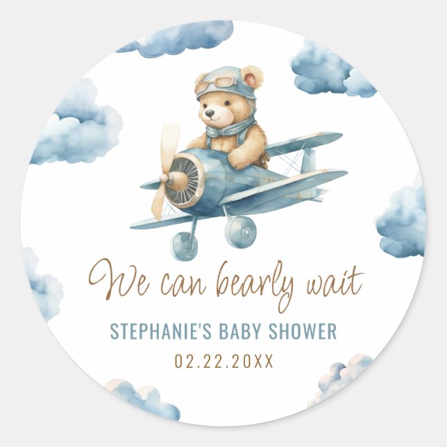 Sticker Rond Baby Shower Avion Ours Mignon Bleu Garçon (Devant)