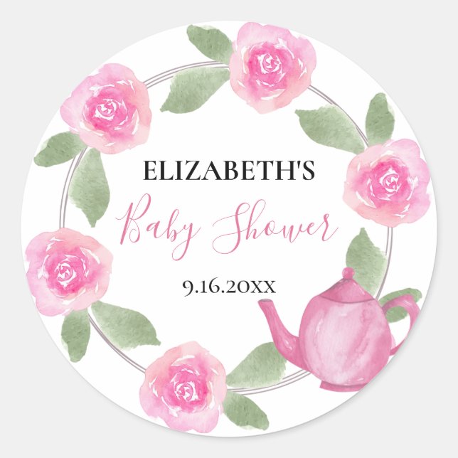 Sticker Rond Baby shower Baby brasse de la théière rose florale (Devant)