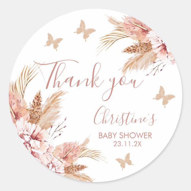 Sticker Rond Baby shower Baisers à papillon floral Boho Blush (Devant)