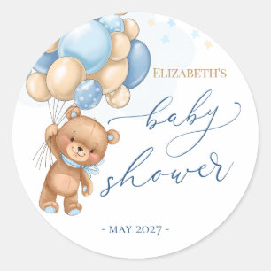 Sticker Rond Baby shower Ballons Bleus Ours Teddy