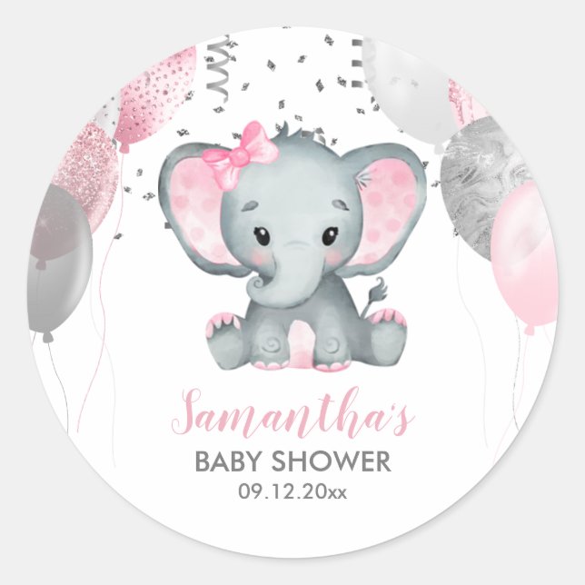 Sticker Rond Baby shower Ballons roses Eléphant fille mignonne (Devant)