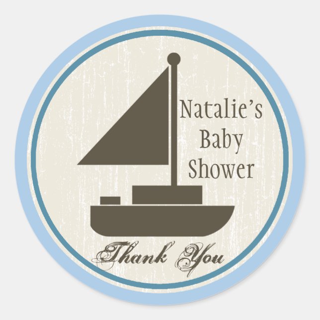 Sticker Rond Baby shower bateau à voile bleu (Devant)